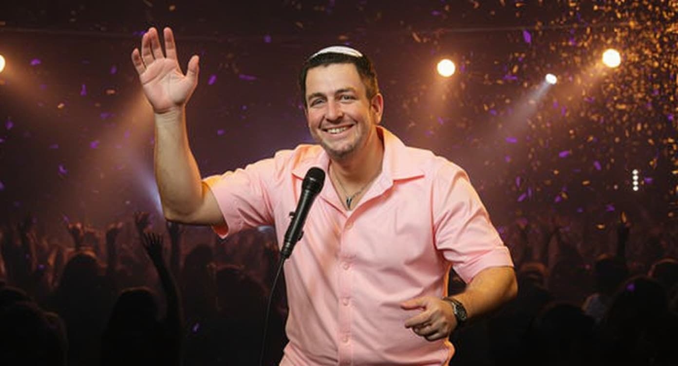 אלעד יעקובוביץ' מנחה אירוע על במה חגיגית עם מיקרופון מול קהל שמח